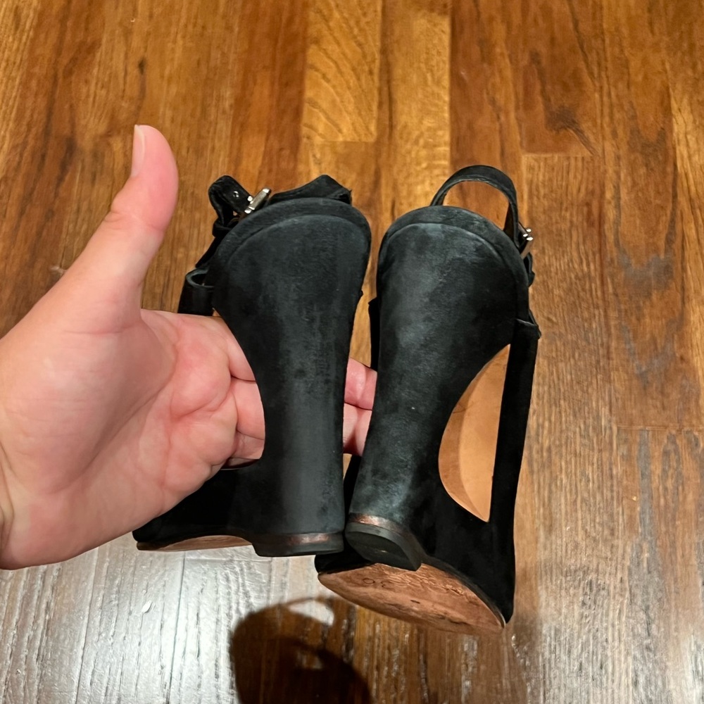 Michael Kors Wedge Heels Peep Toe Cut Out Black Leather Suede Women’s Shoes - Picture 10 of 11